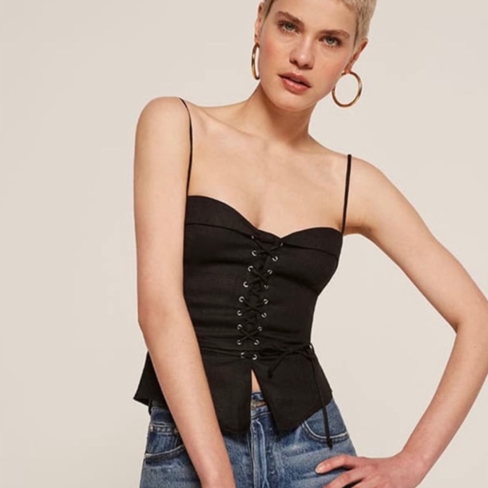 NWT Reformation Cecilia Black Linen Corset Top 6